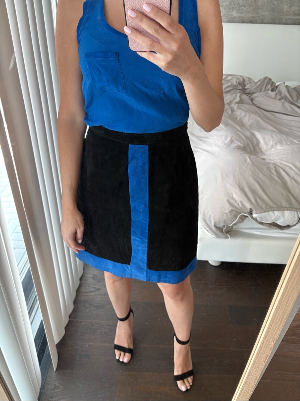 GENUINE SUEDE LEATHER SKIRT + SILK TOP - only $30 for the set!!! Fits size small